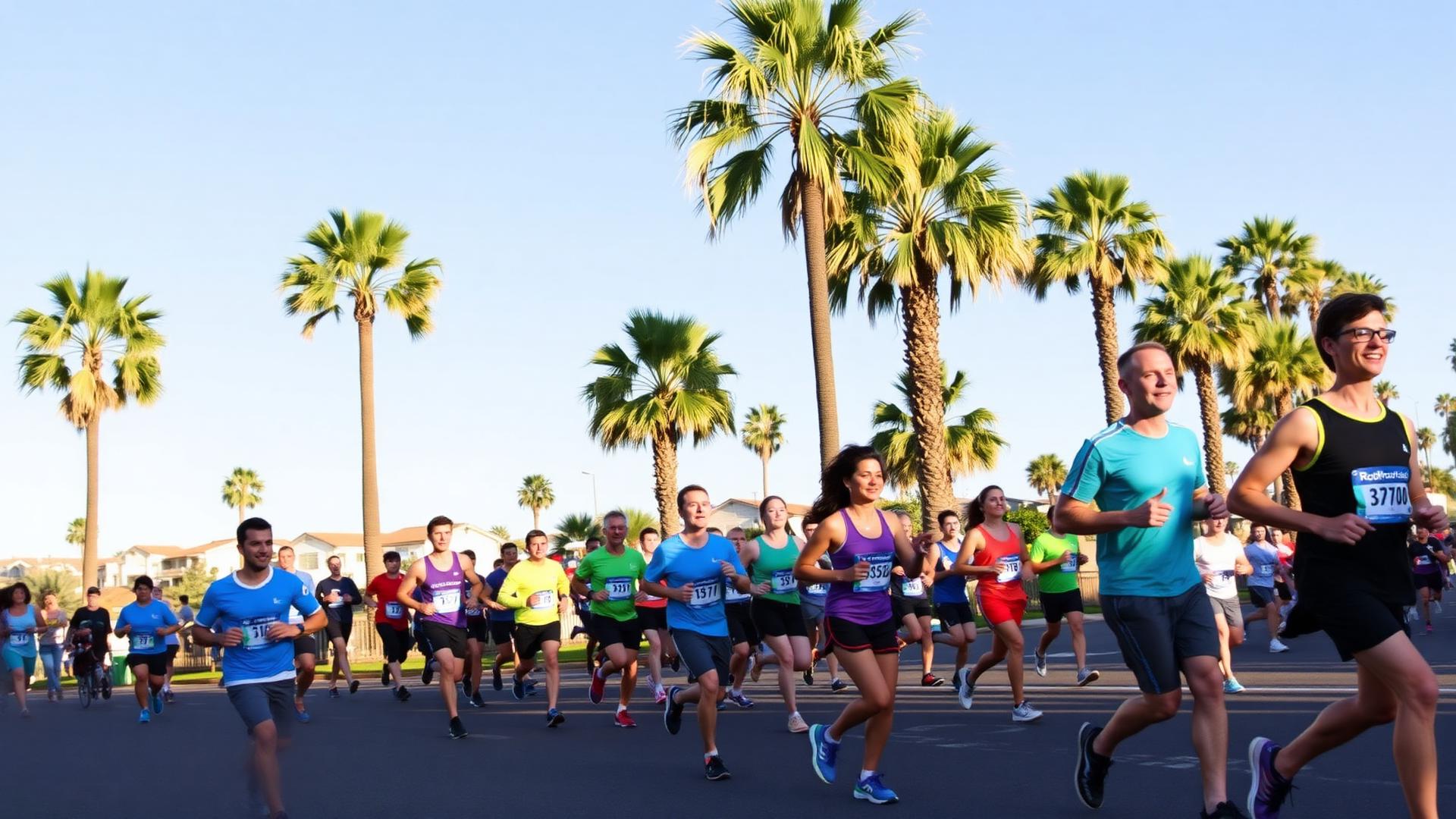 Runners mid-stride at a sunny road race