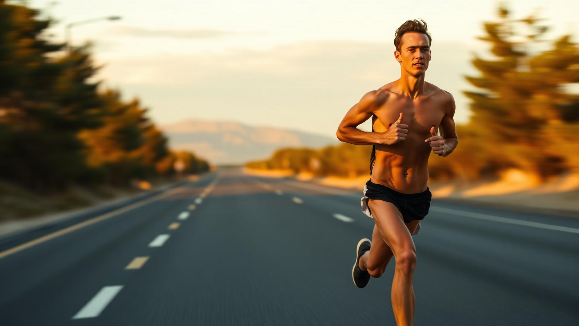 Runner training on an open road at golden hour